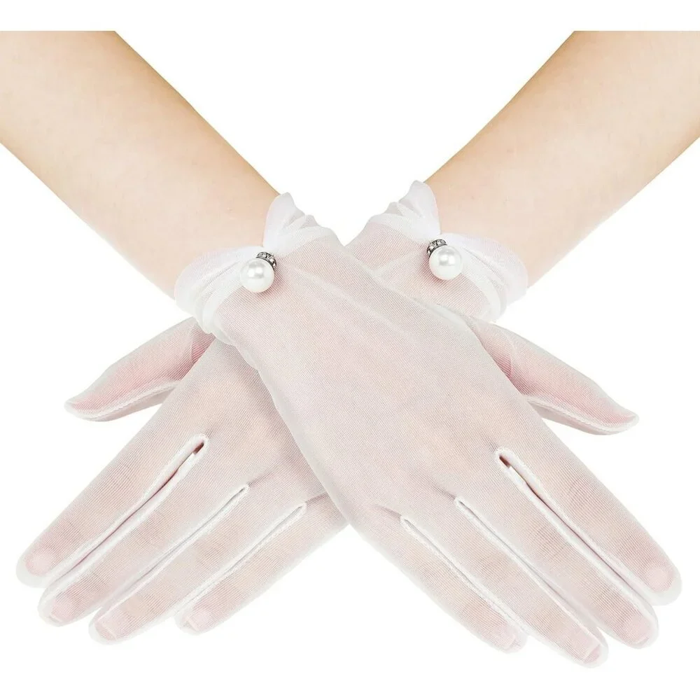 Women's White Banquet Tulle Short Lace Gloves Summer Party Wedding Dancing Prom